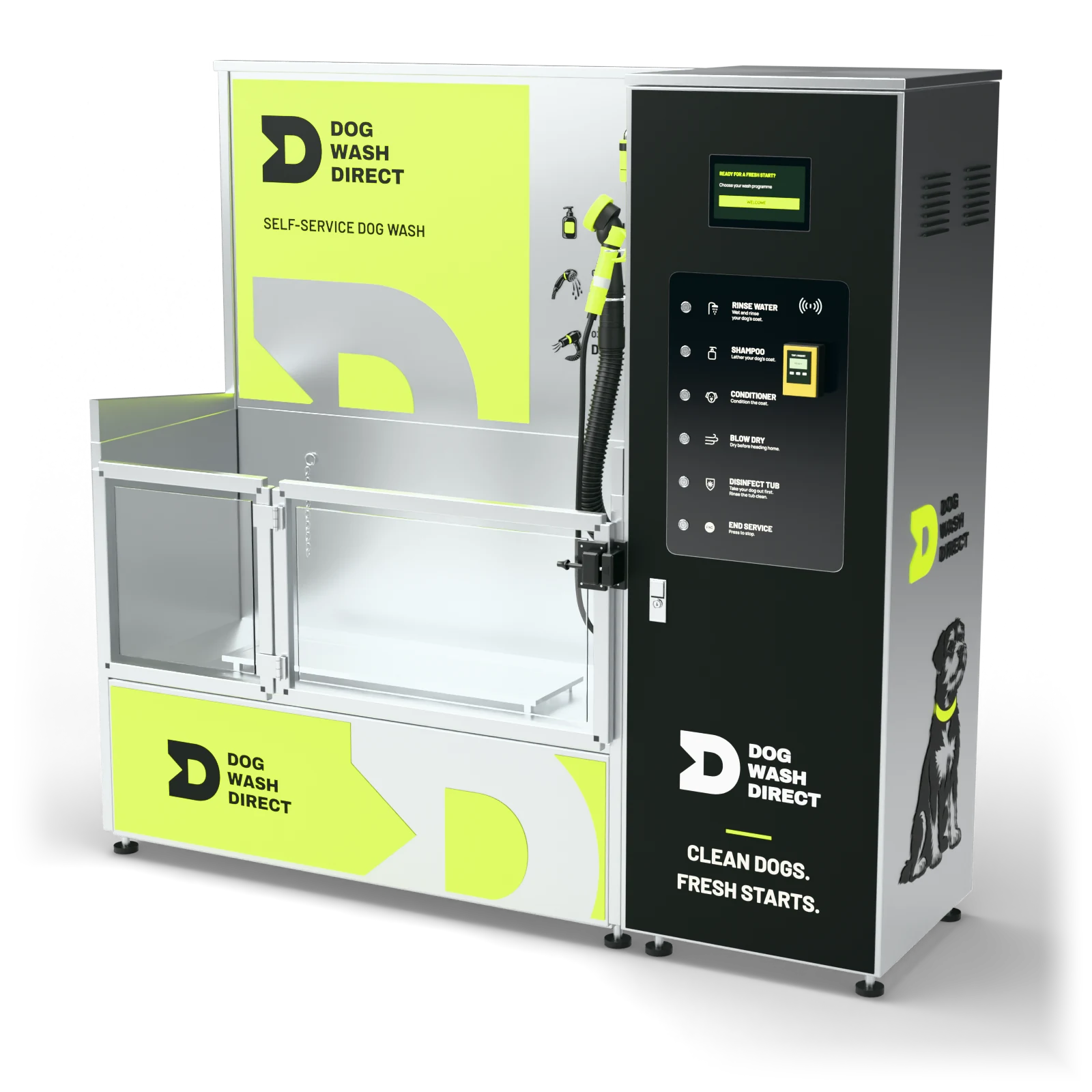 Dog Wash Direct stainless-steel self-service dog wash, showing the wash bay, controls and branded side panel